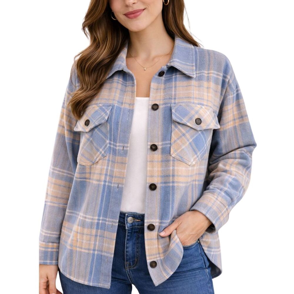 Boston Traders Shacket Womens L Blue Pink Plaid Flannel Shirt Jacket Oversized
